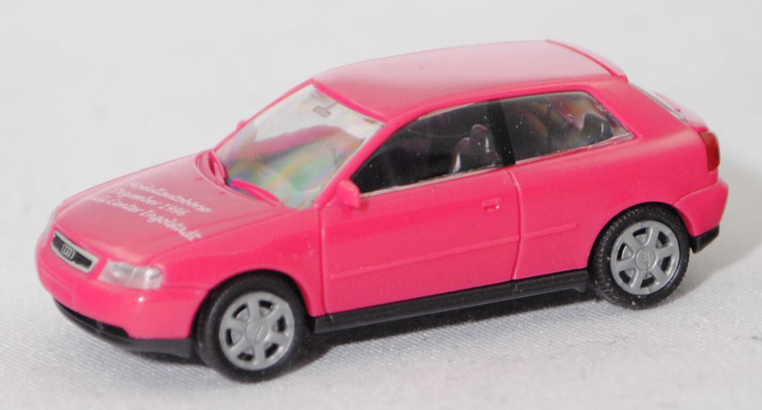 Audi A3 1.8 T 3-türig (1. Generation, 8L, Vorfacelift, Modell 1996-2000), erikaviolett, 3. Modellautobörse / 1. Dezember 1996 / Audi Center Ingolstadt, Rietze, 1:87, Werbeschachtel