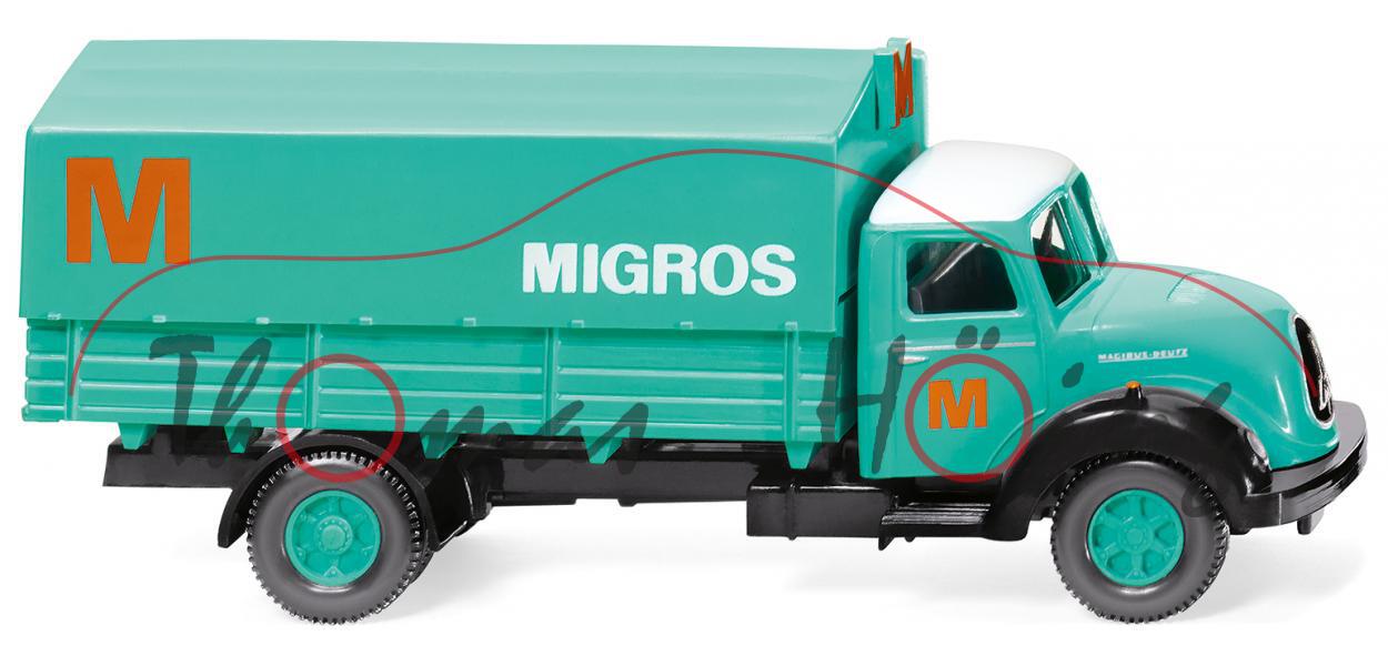 Magirus Saturn (Modell 1958-1964) Pritschen-LKW, grün, M MIGROS auf den Seiten, Wiking, 1:87, mb