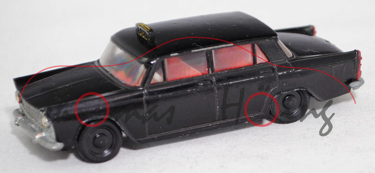00003 Fiat 1800 B (2. Gen., Typ 112, Mod. 1961-1963) Taxi, schwarz, innen rotorange, Lenkrad cremeweiß, Rückleuchten rottransparent, R1, SIKU, 1:59, m-