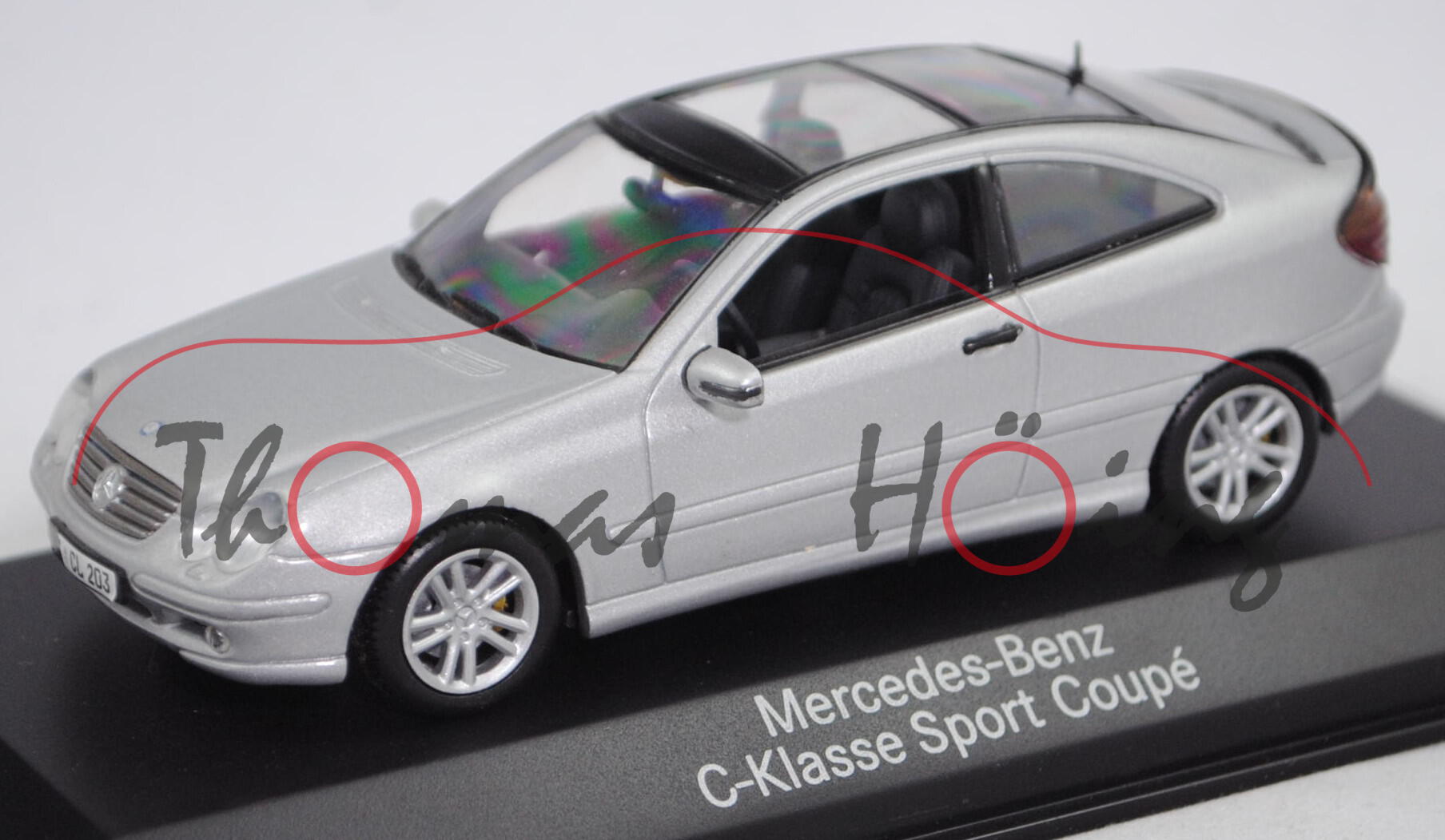 Mercedes-Benz C-Klasse Sportcoupé (CL203, Mod. 01-04), brillantsilber met., Minichamps, 1:43, PC-Box