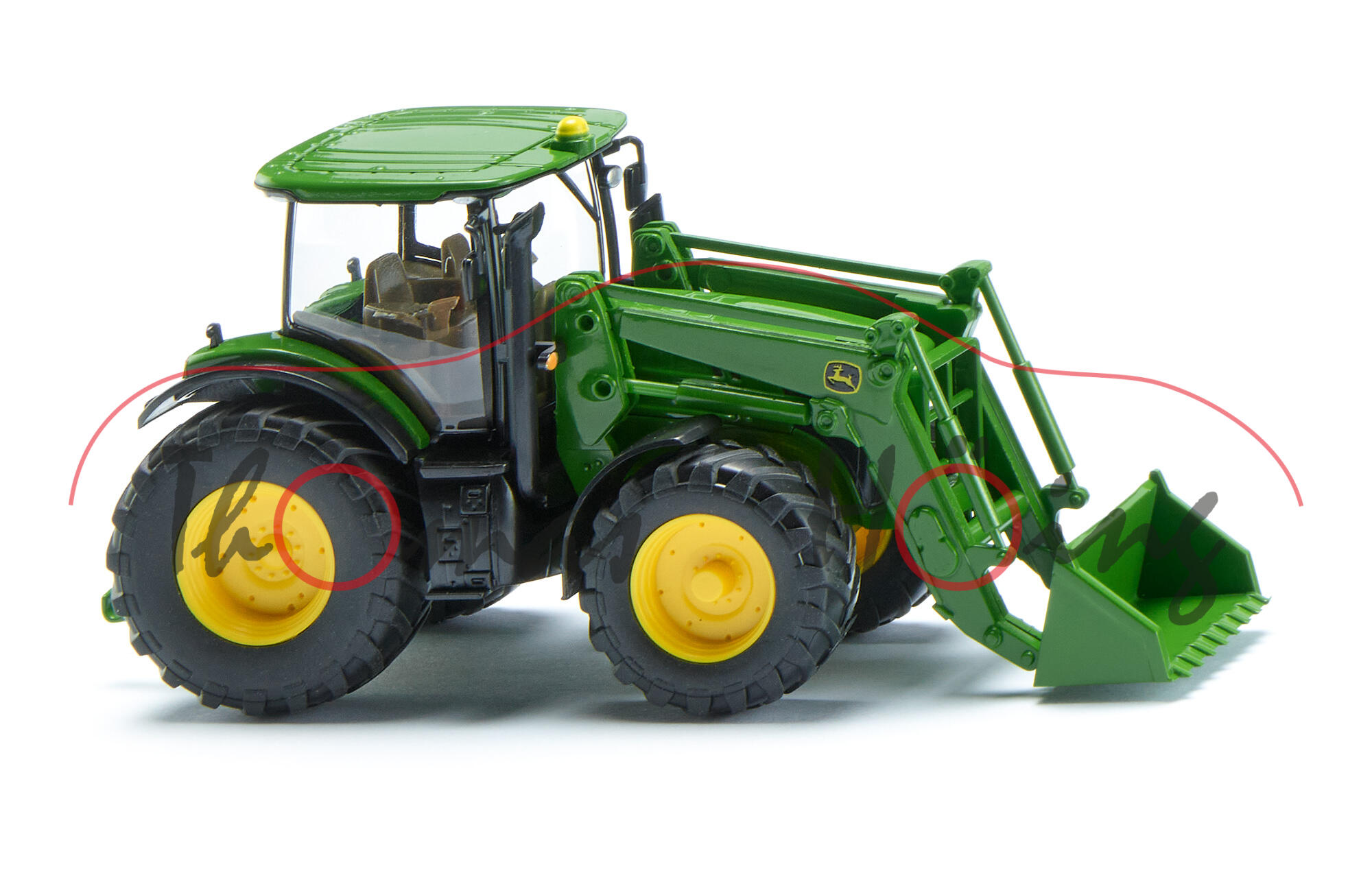 John Deere 7260R (Baureihe 7R Serie, Modell 2011-2013) mit Frontlader, smaragdgrün, Felgen zinkgelb, Wiking, 1:87, mb