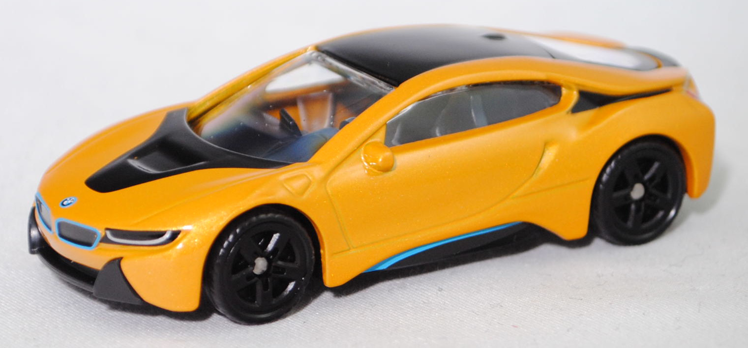 00000 BMW i8 Coupé (1. Generation, Typ I12, Vorfacelift (bei BMW Vor-LCI genannt), Modell 2014-2018), hell-maisgelbmetallic/schwarz, SIKU SUPER, 1:59, P29f