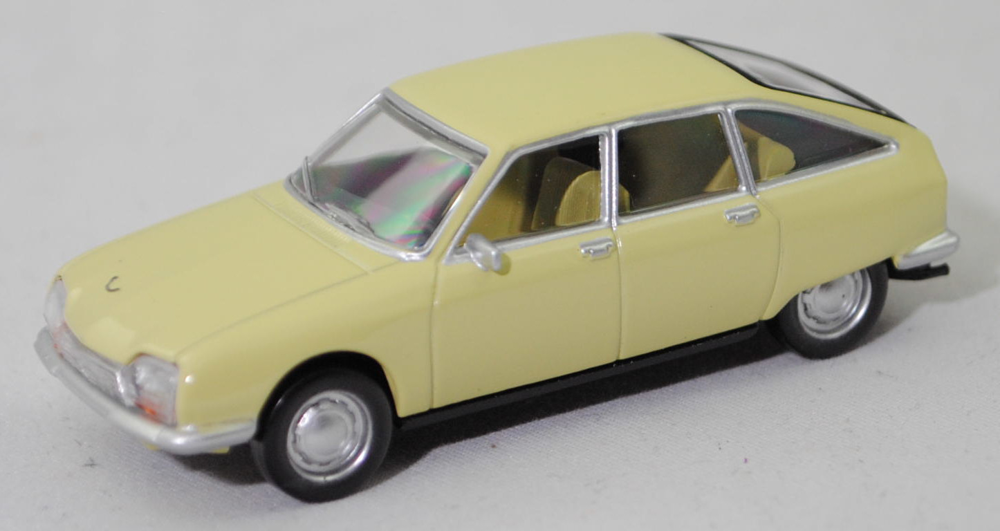 Citroen GS Club (1. Generation, GX Serie GA, Vorfacelift, Modell 1970-1972), jaune primevère (Farbcode AC 321), Norev, 1:65, Werbeschachtel