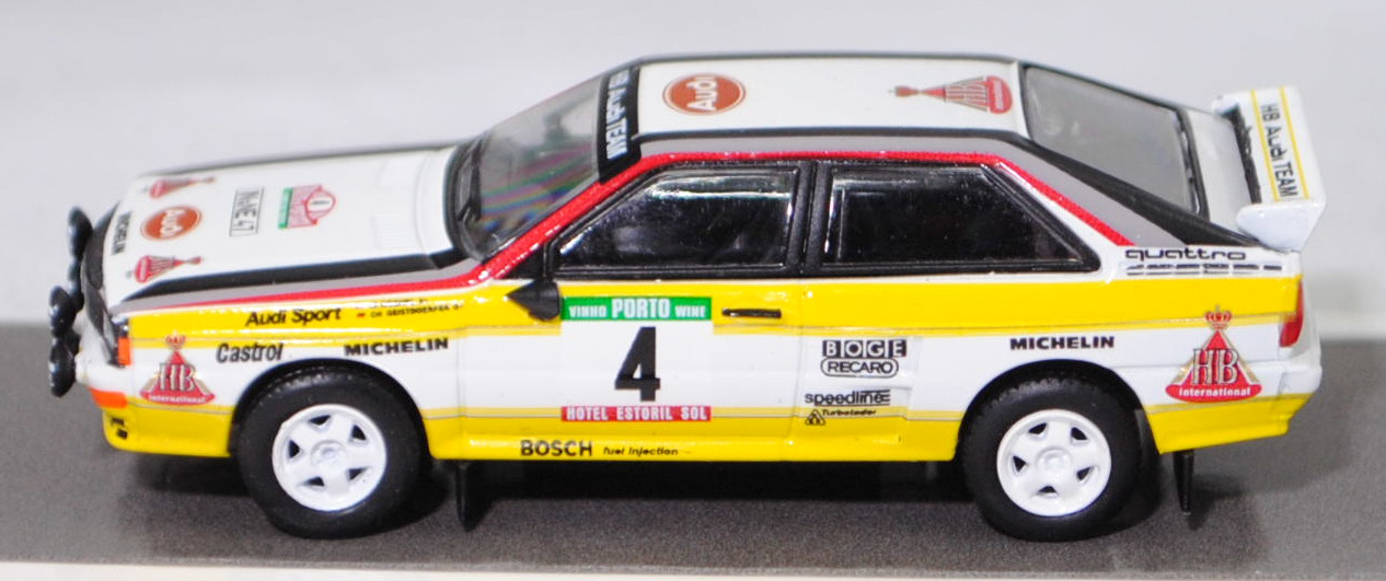 Audi quattro A2 Gruppe B (R1, Homologationsnummer B-243, Modell 1983-1984), weiß, 18. Rallye Portugal 1984, Nr. 4, Walter Röhrl / Christian Geistdörfer, Schuco, 1:64, mb