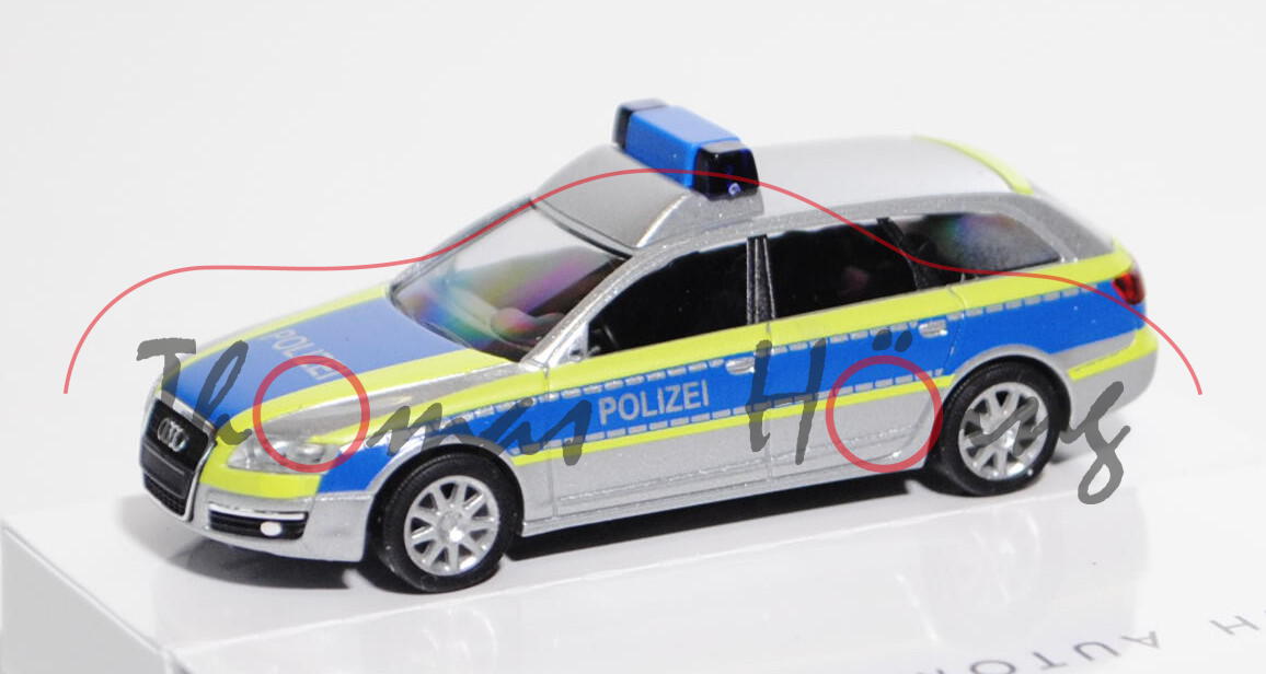 Audi A6 Avant Autobahnpolizei (C6, Typ 4F), Modell 2005-2011, silbermetallic/leuchtgelb/enzianblau, 